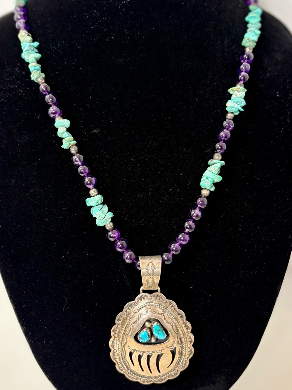 Vintage Turquoise & Amethyst Necklace with Sterling Silver Bear Claw Pendant